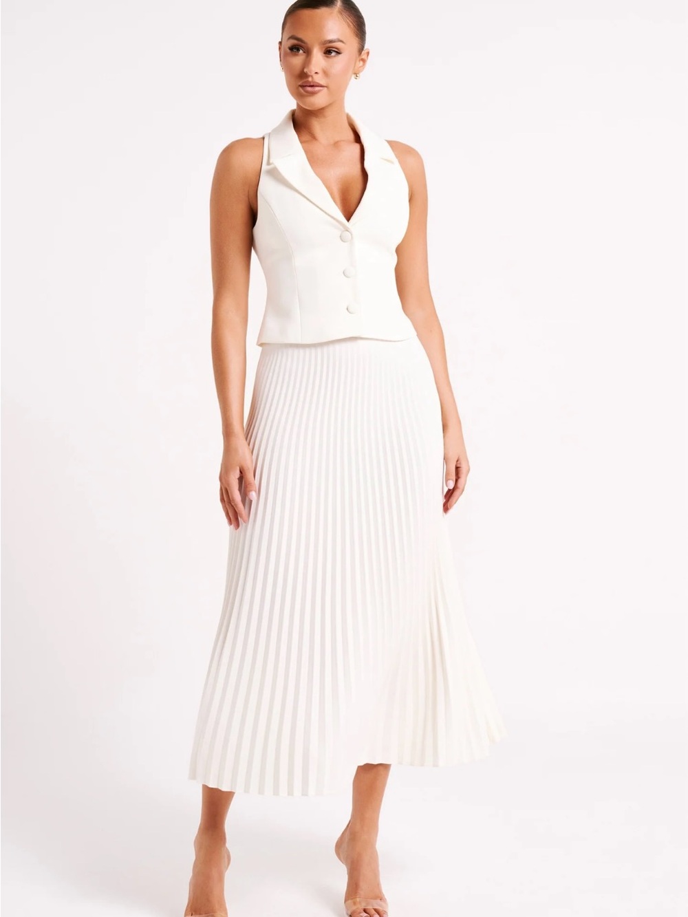 Sunfere White Sleeveless V-Neck Waistcoat & Pleated Midi Skirt Set